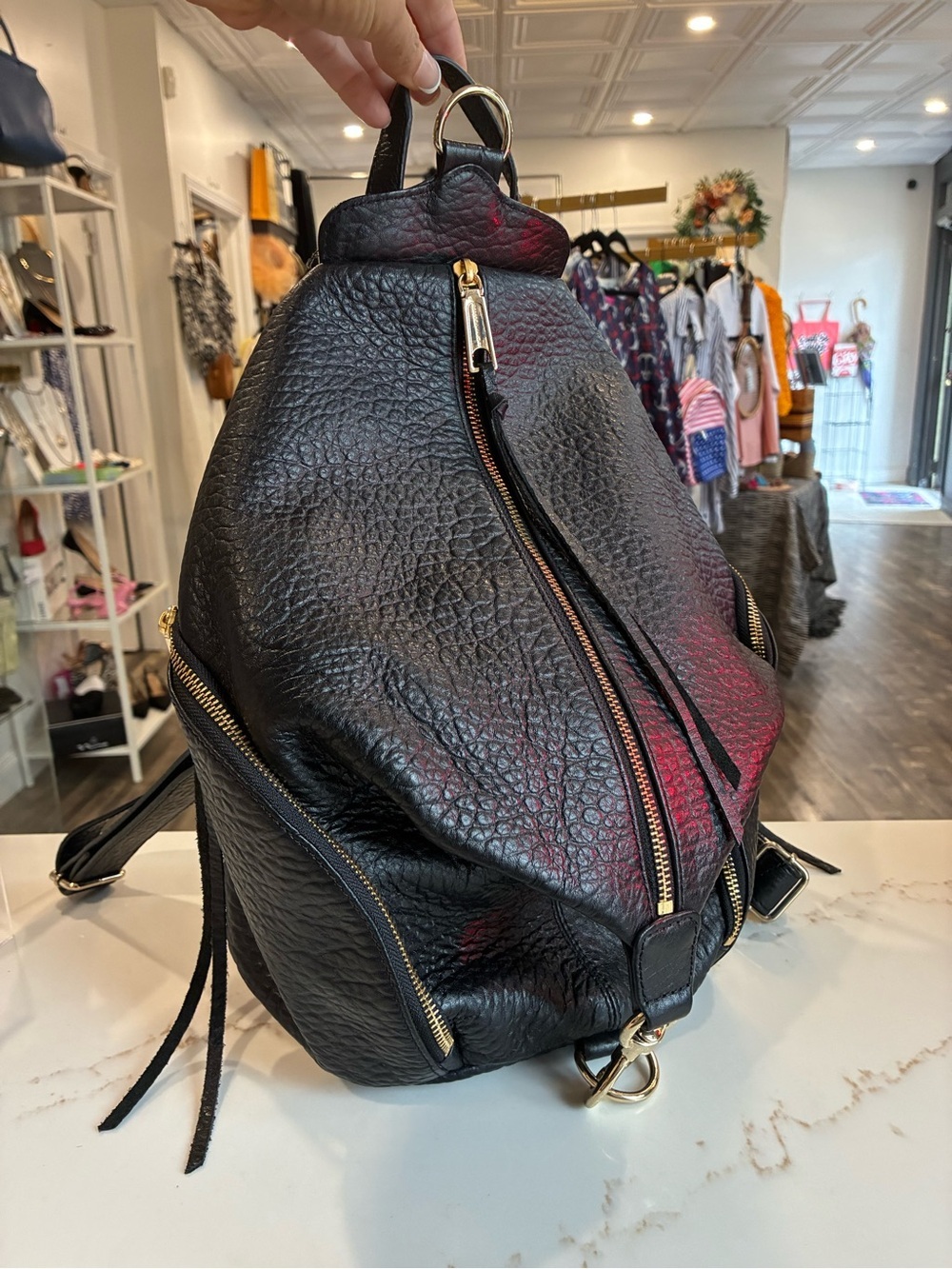 Rebecca Minkoff Julian Black Pebbled Leather Convertible Backpack Purse gold